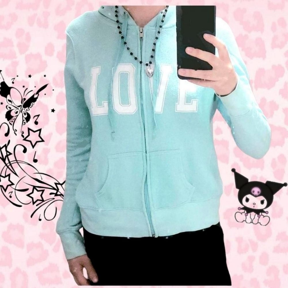Y2K Emo Scemo Ravecore Scenecore Mint Pastel Cyan Blue LOVE Zip Up Hoodie